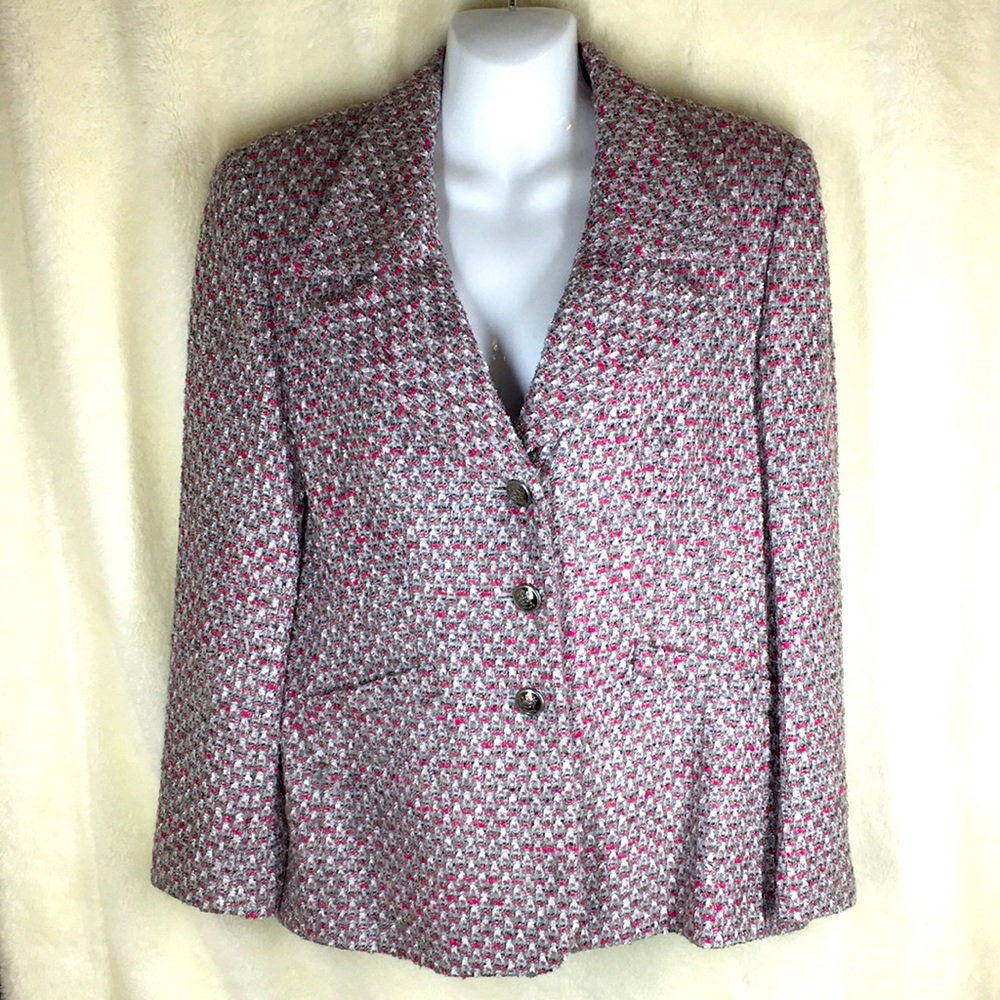 Escada 40 Pink Gray White Black Tweed Long Sleeve Wool Blend Jacket M 10